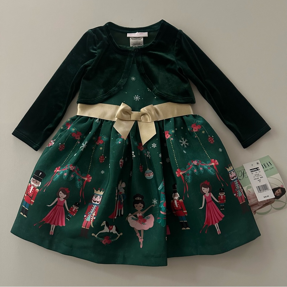 Bonnie Jean 2T Toddler Girl Green Holiday Dress Cardigan Christmas Nutcracker